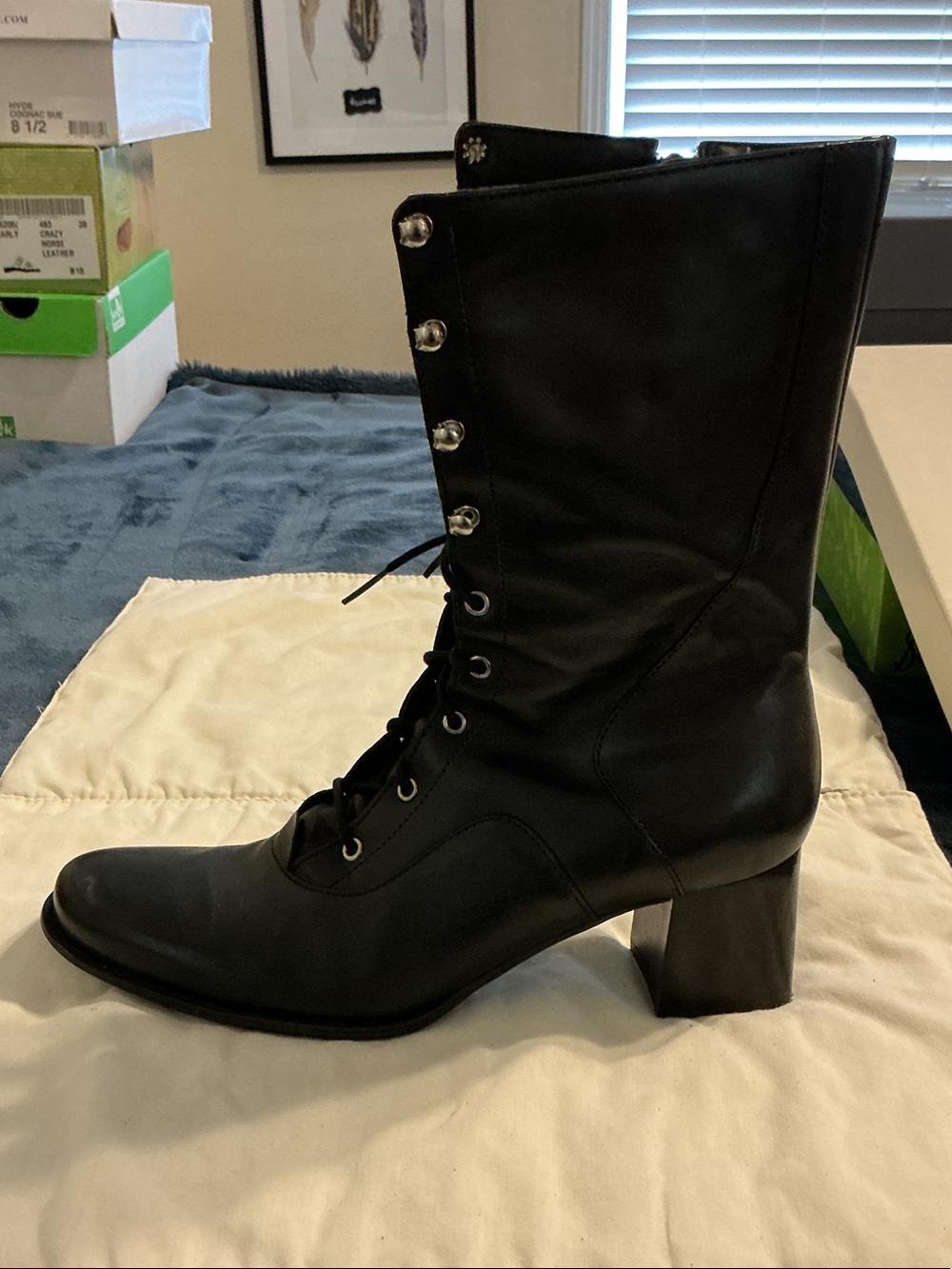 Naturalizer Black Lace-Up Mid-Calf Leather Boots with Block Heel